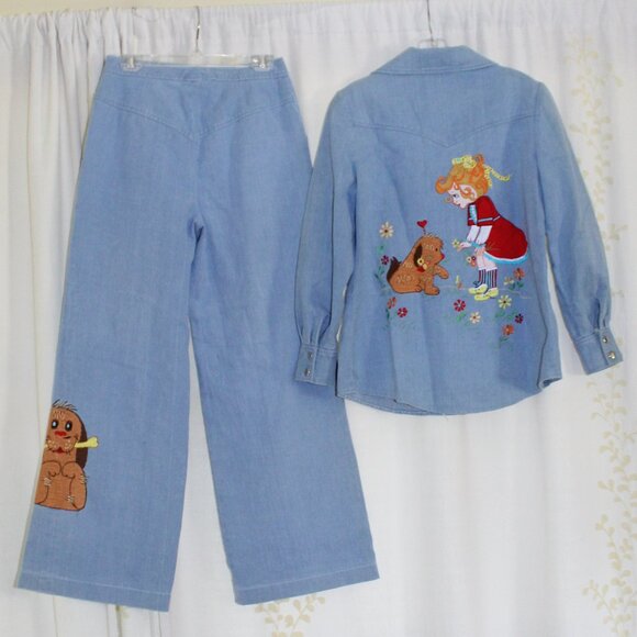 Vtg Penney's International Imports Embroidered Dog Girl Denim Jeans Shirt Set - Picture 1 of 15